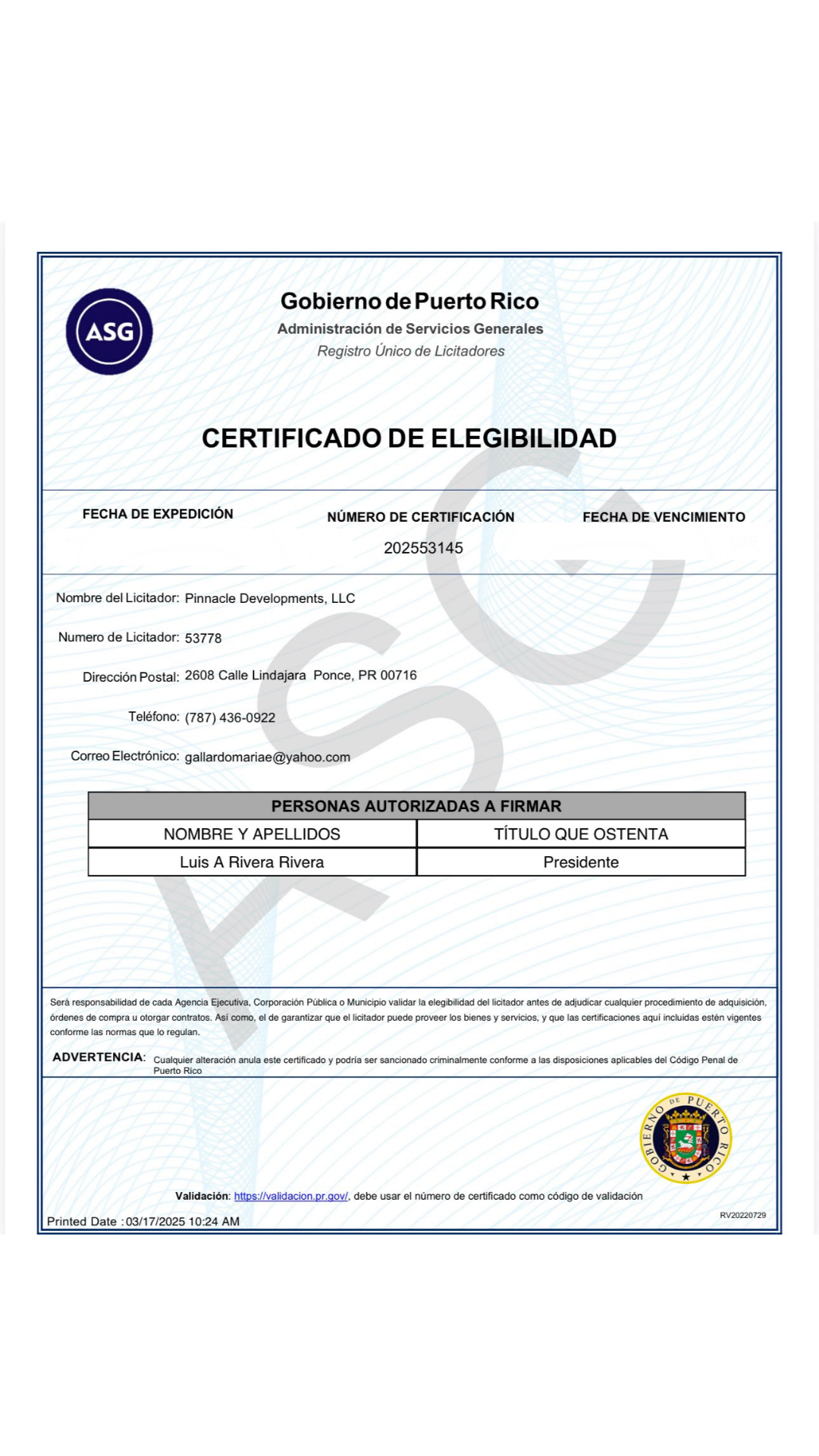 Muestra visual de un Certificado de Elegibilidad del Registro Único de Licitadores de Puerto Rico.